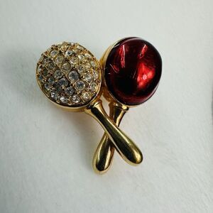 VTG SWAN Goldtone SWAROVSKI Crystal Red Enamel MARAKAS Shape Pin Brooch